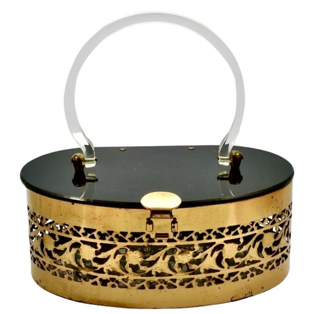 1950 Gold Plated and Black Lucite Bag with Clear Handle